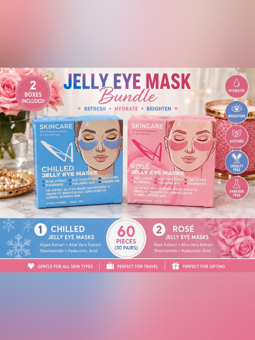 ✨️Skincare Jelly Eye Mask Bundle — Blue Chilled & Pink Rosé (60 Pieces)